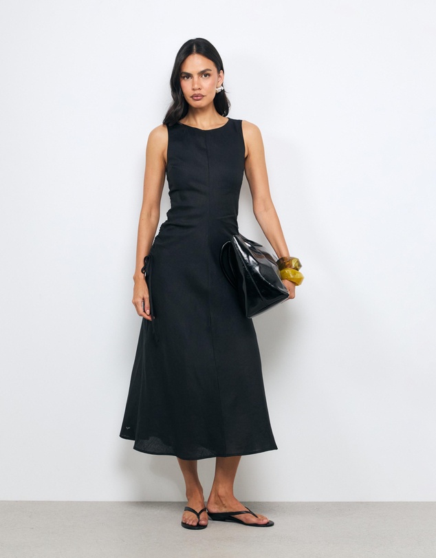 AERE - Orla Boatneck Ruched Waist Linen Midi Dress