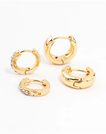 Lovisa - Gold Plated Diamante & Plain Huggie Earrings 2-Pack