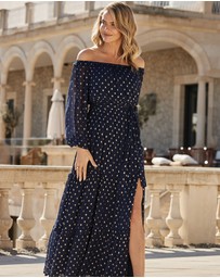 Sosandar - Metallic Spot Tiered Hem Bardot Maxi Dress