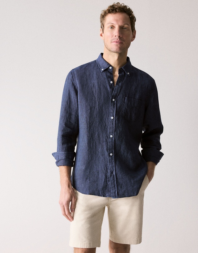 Trenery - Regular Fit Delave Linen Long Sleeve Shirt in French Navy
