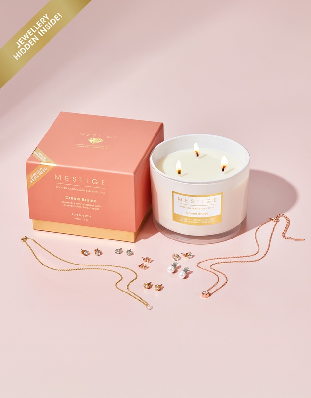 Mestige - Creme Brulee Scented Soy Candle 340g - Hidden Jewellery Embellished with crystals from Swarovski