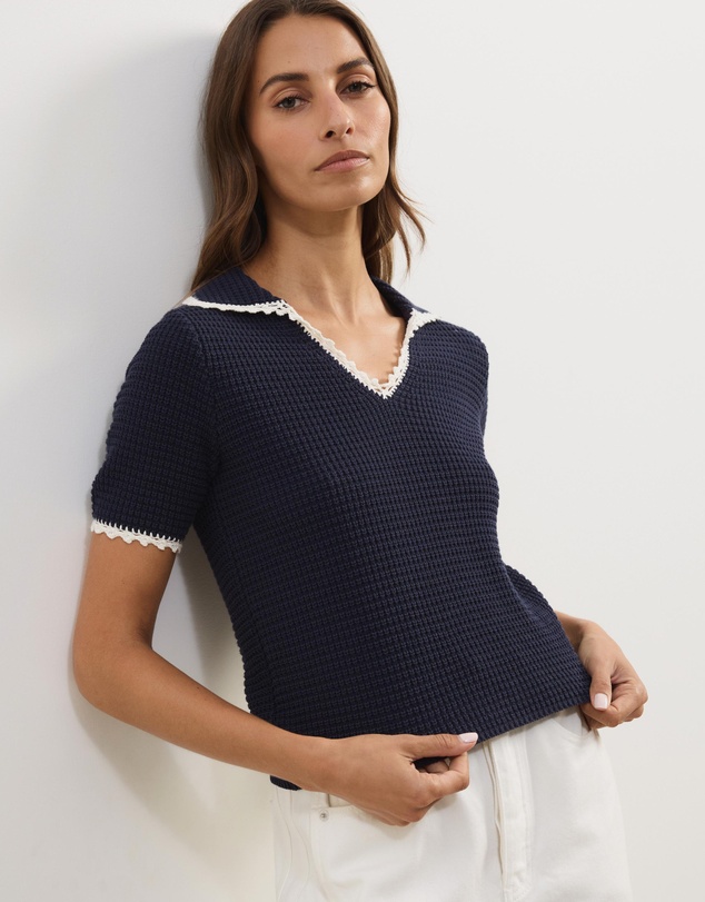 Atmos&Here - Issa Short Sleeve V-Neck Knit Polo with Contrast Trim