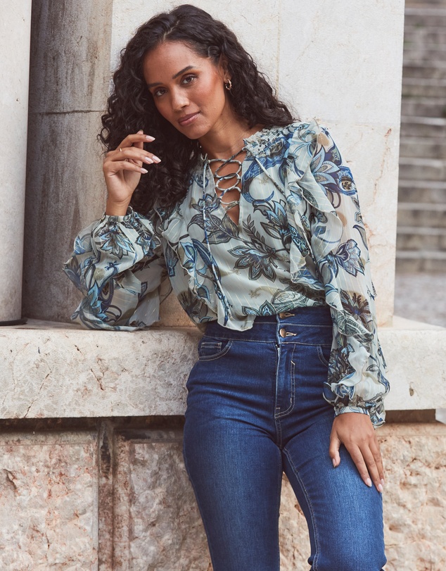 Sosandar - Floral Print Metallic Stripe Blouse With Lace Up Detail