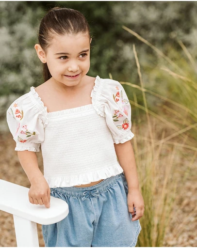 Fox & Finch - Embroidered Shirred Top - Kids