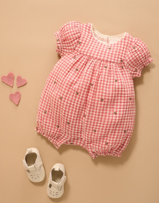 Purebaby - Heart Gingham Embroidered Romper -Kids-Babies