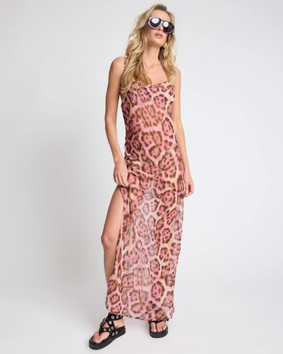 ONE TEASPOON - Rhiannon Ruched Long Slip Maxi Dress - Pink Leopard