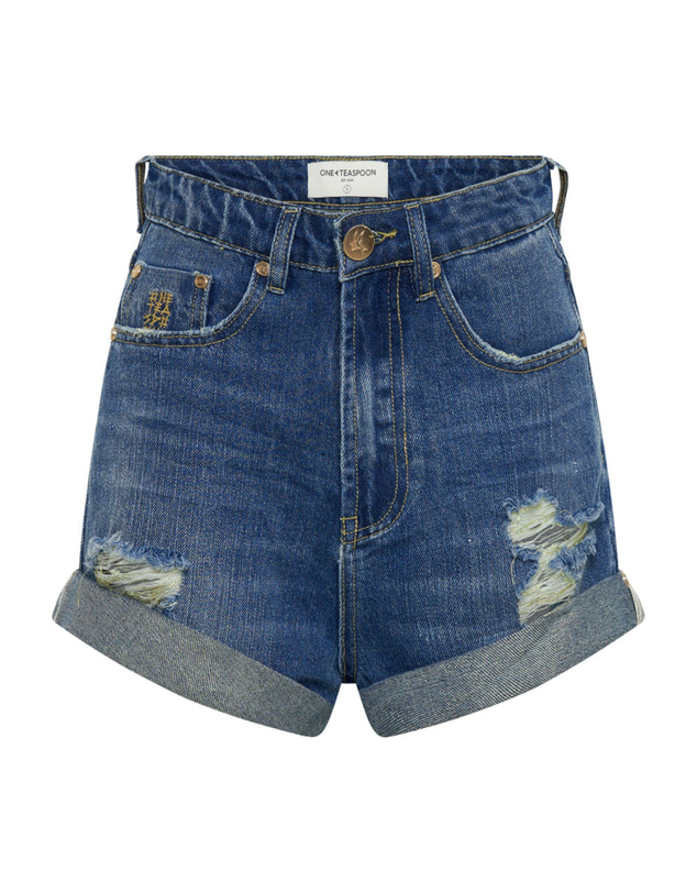 ONE TEASPOON - Shredded Gold Bandits High Waist Denim Shorts