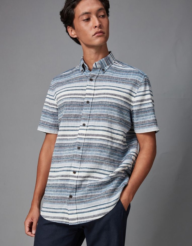 NEXT - Linen Blend Horizontal Stripe Short Sleeve Shirt