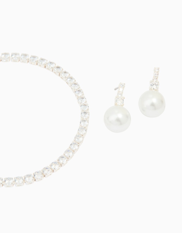Lovisa - Silver Plated Cubic Zirconia Pearl Earrings & Tennis Bracelet Set