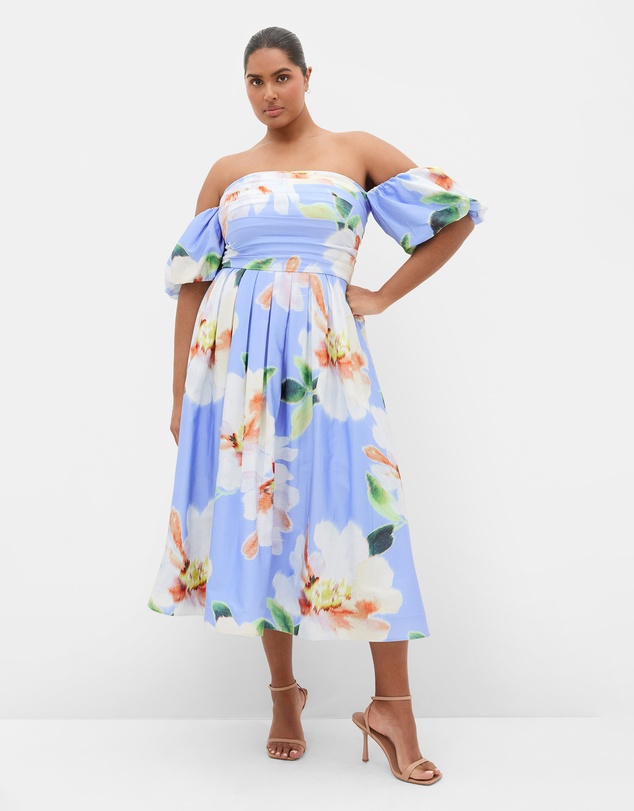 City Chic - Plus size Rosalee Floral Print Puff Sleeve Midi Dress - sky blue