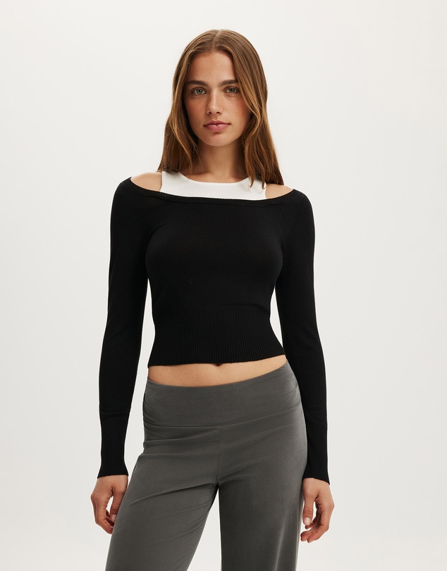 Cotton On - Long Sleeve Boatneck Layered Knit