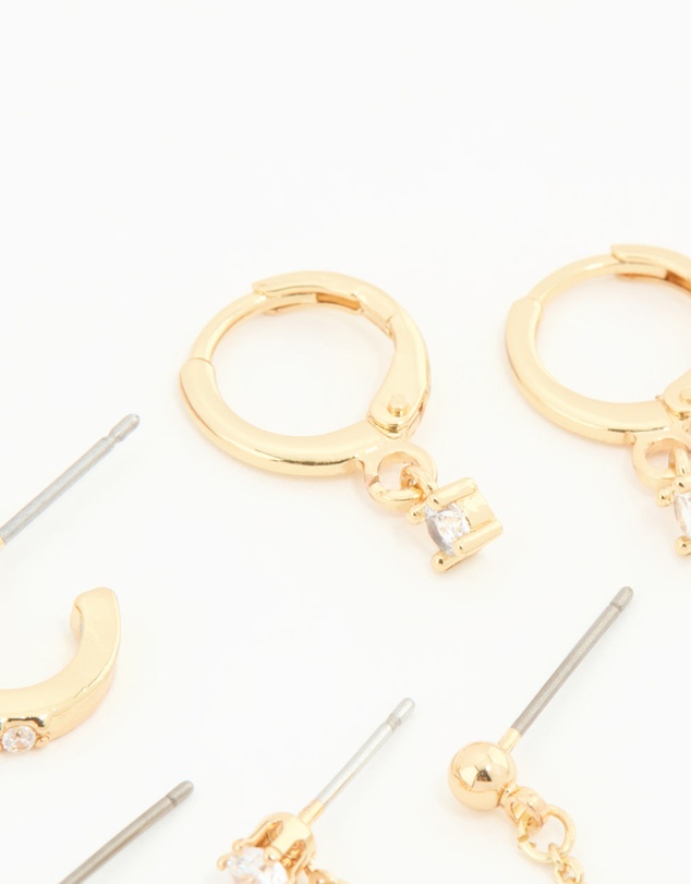 Lovisa - Gold Plated Cubic Zirconia Dainty Chain & Huggie Earrings 4-Pack