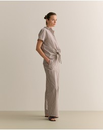 Trenery - Cotton Poplin Stripe Pull On Pant in Chocolate
