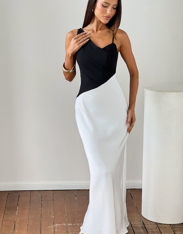 Beginning Boutique - Elise Black Satin Cowl Front Formal Maxi Dress
