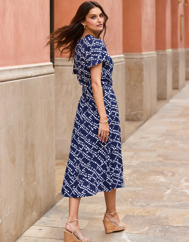 Sosandar - Spot Print Flutter Sleeve Belted Fit & Flare Dress