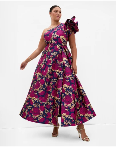 City Chic - Plus size Grand Gala One Shoulder Jacquard Gown - navy