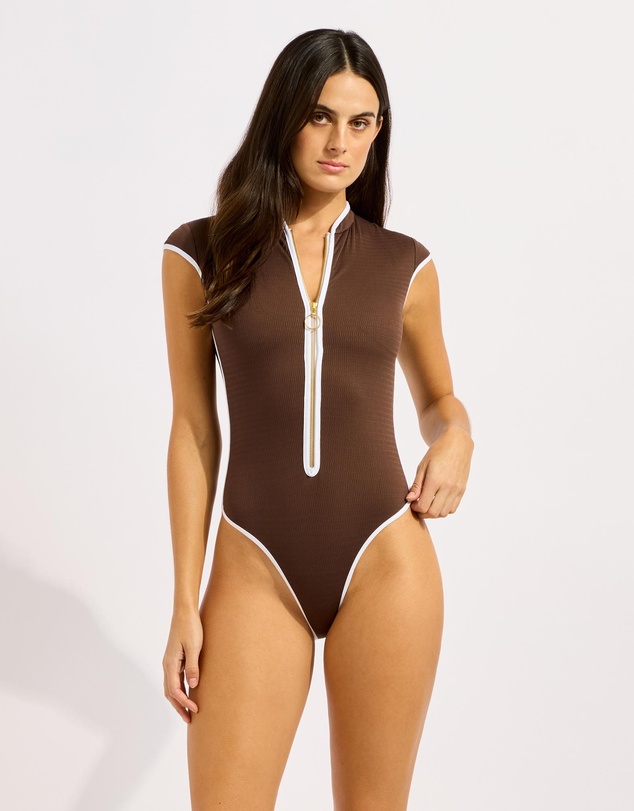Seafolly - Beach Bound Cap Sleeve Zip Front One Piece