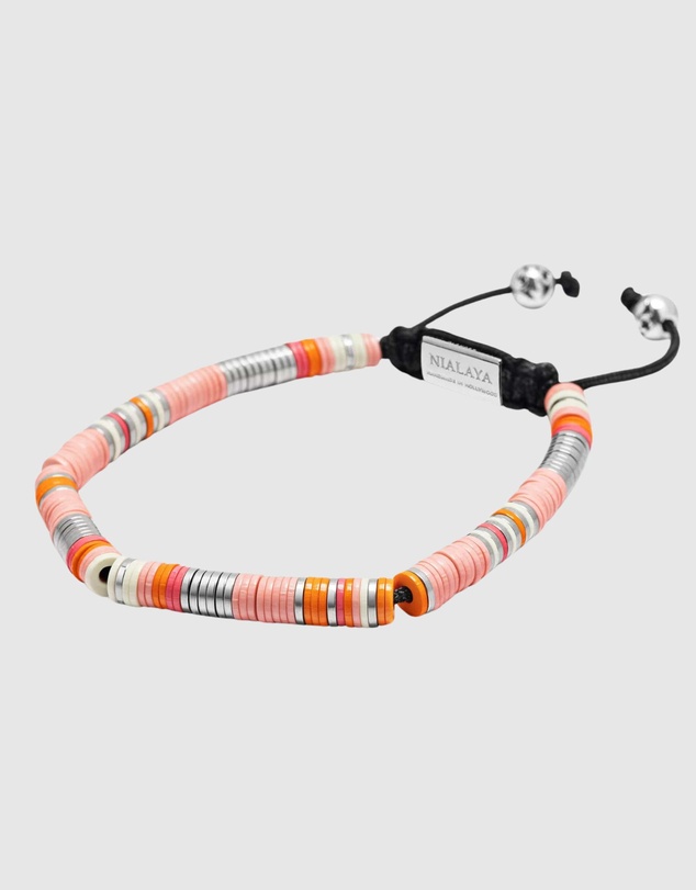 Nialaya Jewellery - Men's Beaded Bracelet with Pink and Silver Disc Beads