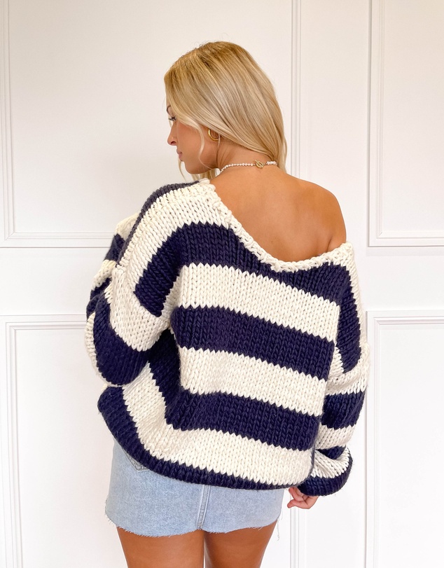 Beginning Boutique - Delvey Navy Striped Chunky Knit Sweater