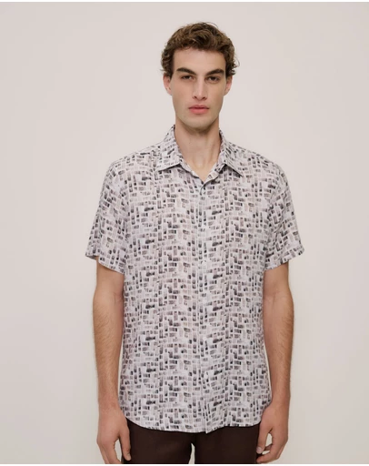 Trenery - Rift Regular Fit Linen Short Sleeve Shirt in Stone