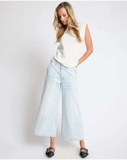 ONE TEASPOON - Hayden Mid Waist Wide Leg Cropped Denim Jeans - Bel Air Blue