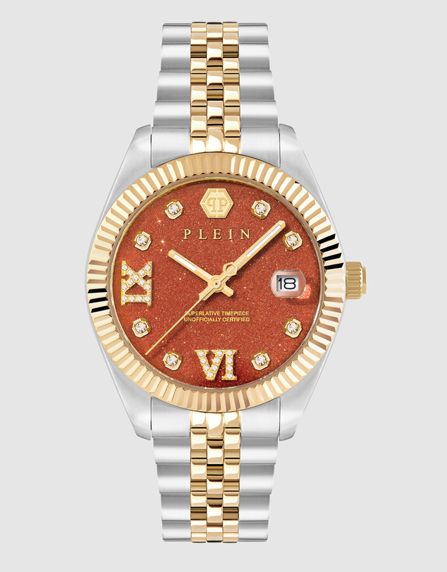 Philipp Plein - Philipp Plein Date Superlative 34mm Orange Dial Recycled Two-Tone Stainless Steel Bracelet Watch