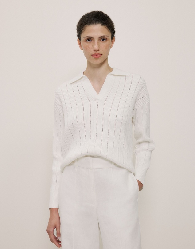 Trenery - Cotton Cashmere Fine Cable Polo in Cream