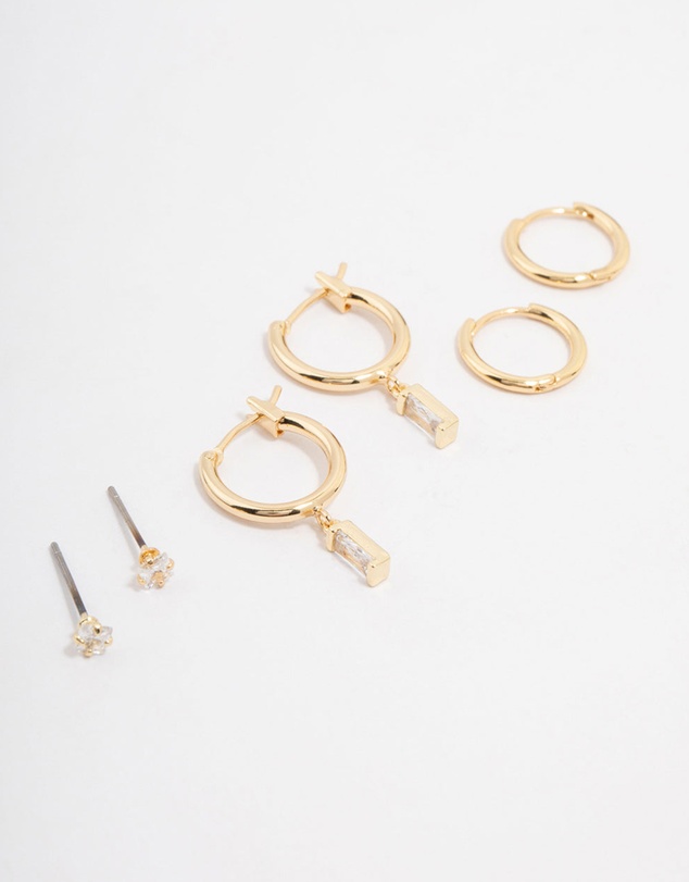 Lovisa - Gold Plated Brass Cubic Zirconia Baguette Hoop Earring 3-Pack