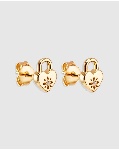 By Charlotte - Crystal Lotus Heart Padlock Stud Earrings
