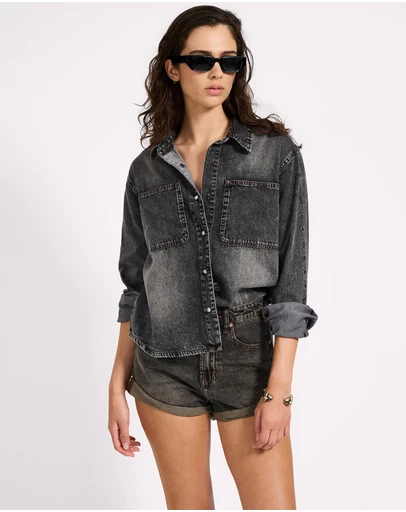 ONE TEASPOON - Nixie Eyelet Classic Fit Denim Shirt - Charcoal Black