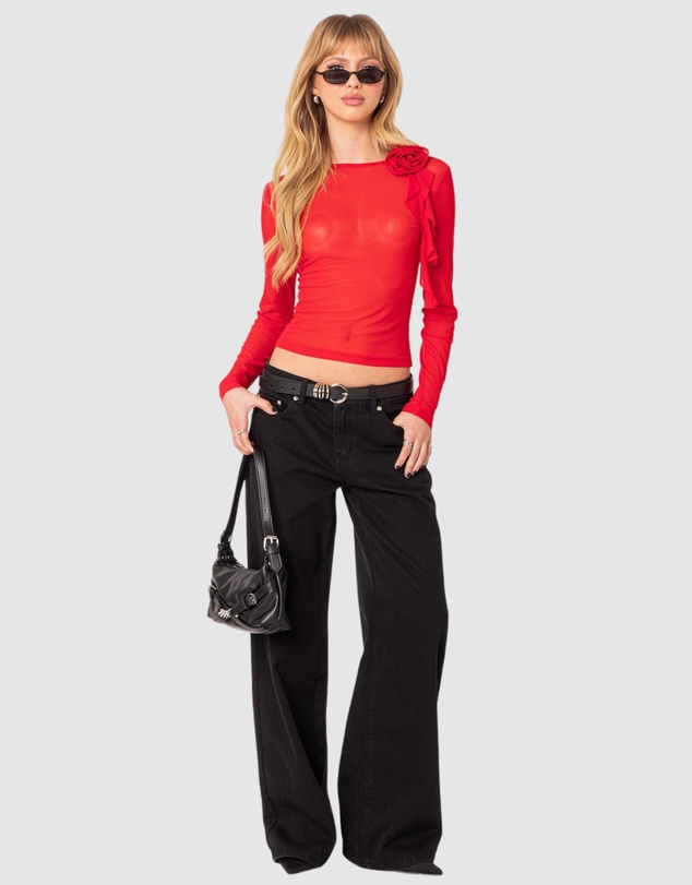 EDIKTED - Larose Sheer Mesh Flower Pin Top