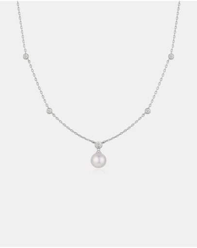 Ania Haie - Silver Bezel-Set Station Necklace with Shell Pearl Pendant