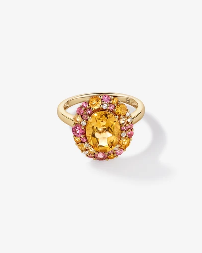 Michael Hill - Oval Cut Citrine, Pink Tourmaline & White Topaz Halo Ring in 10kt Yellow Gold