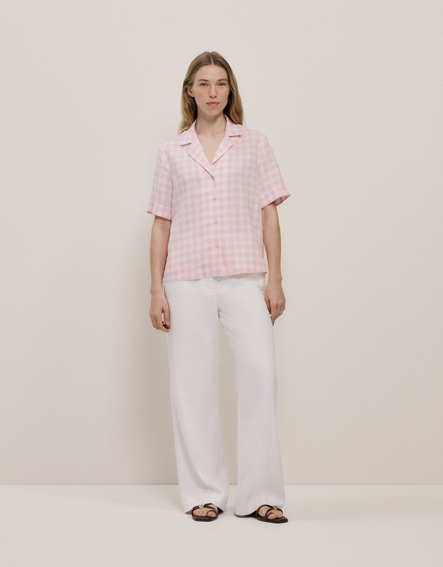 Trenery - Gingham Linen Short Sleeve Shirt in Blossom Pink