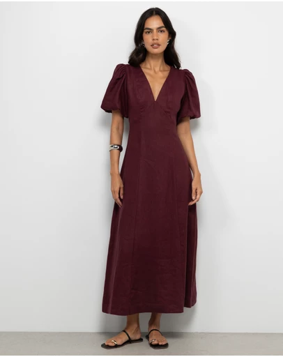 AERE - Lori Puff Sleeve Linen Midi Dress