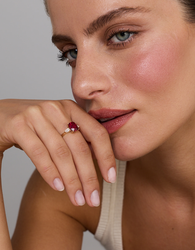 Michael Hill - Created Ruby and 0.27 Carat TW Laboratory-Grown Diamond 3 Stone Ring in 10kt Yellow Gold