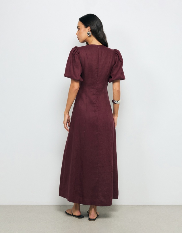 AERE - Lori Puff Sleeve Linen Midi Dress
