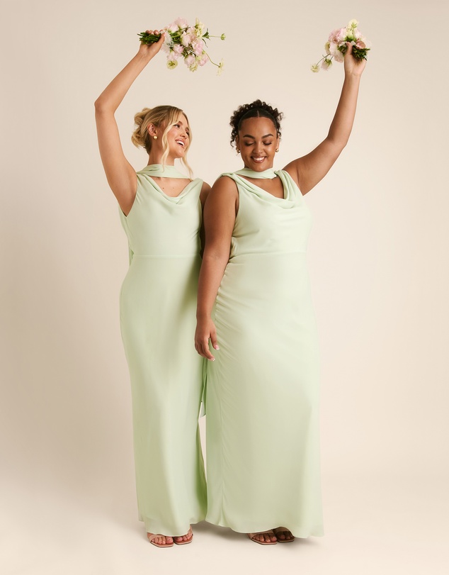 Six Stories - Plunge Cowl Front Chiffon Bridesmaid Dress with Neck Scarf
