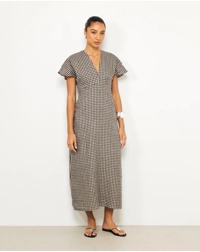 AERE - Ciela Gingham V Neck Linen Midi Dress