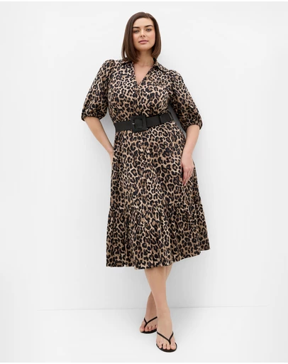 City Chic - Plus size Rosie Leopard Print Belted Dress - chocolate