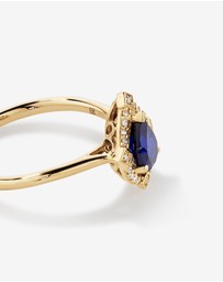 Michael Hill - Pear Cut Created Sapphire and Diamond Halo Ring in 10kt Yellow Gold