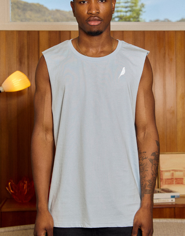 Budgy Smuggler - Light Blue Singlet with Budgy Arch logo