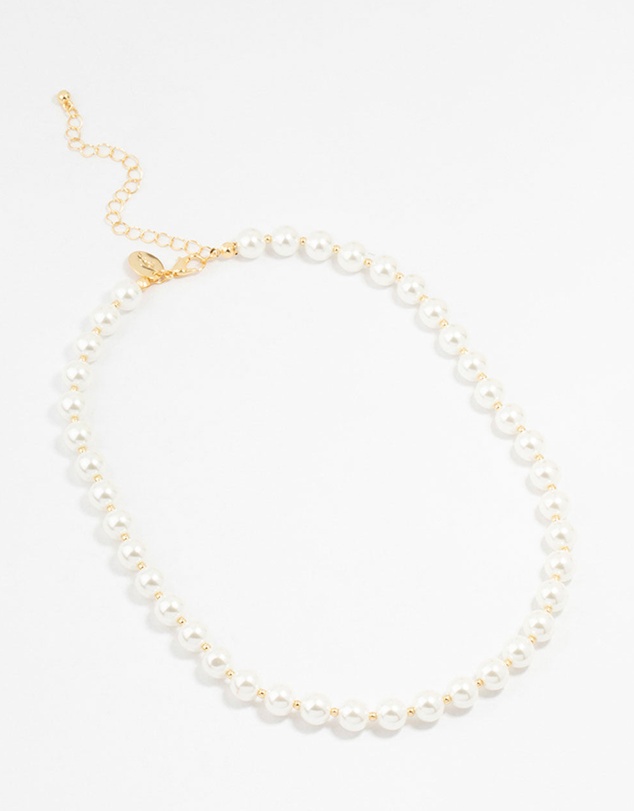 Lovisa - Gold Plated Alternating Medium Pearl & Ball Necklace