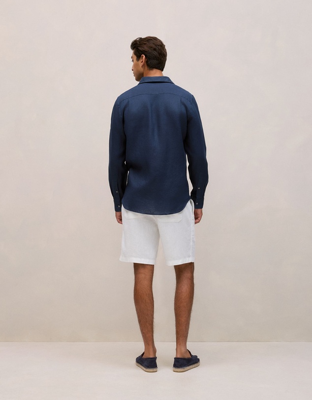 Trenery - Tailored Fit Linen Long Sleeve Shirt in Navy