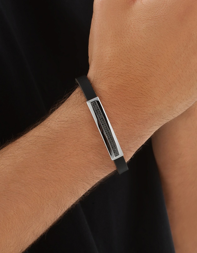 Michael Hill - Men's Silver & Leather 21cm Bracelet with 0.40 Carat TW of Black Diamonds
