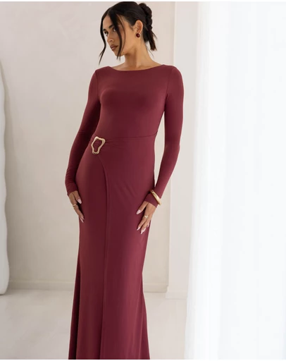 Beginning Boutique - Misaki Burgundy Long Sleeve Wrap Maxi Dress