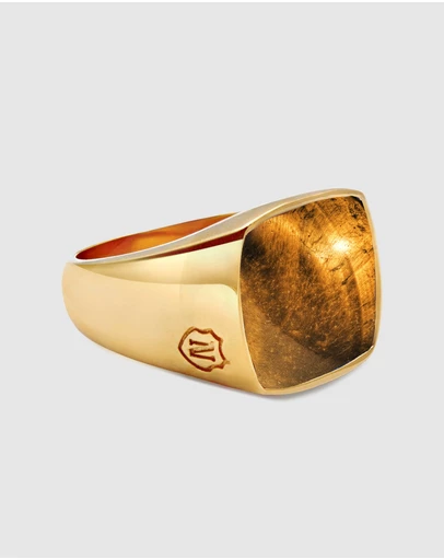 Nialaya Jewellery - Men's Gold Signet Ring with Brown Tiger Eye