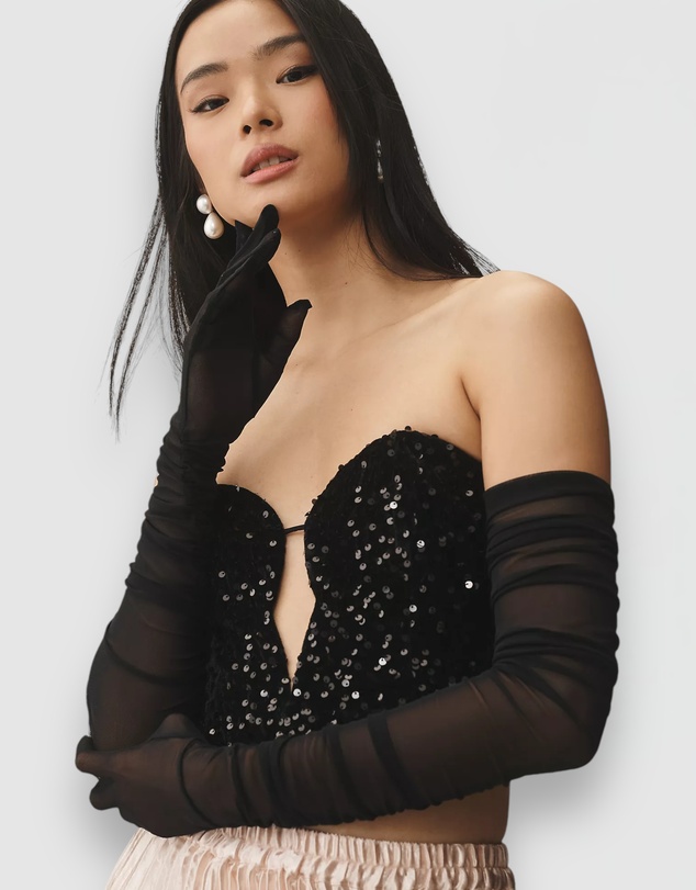 High Heel Jungle - Ariana Ruched Mesh Opera Glove - Black