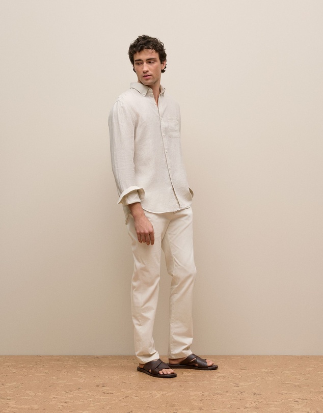 Trenery - Regular Fit Linen Micro Check Long Sleeve Shirt in Stone