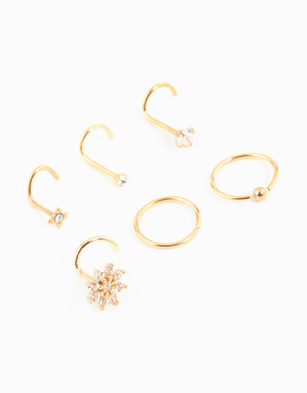 Lovisa - Gold Plated Surgical Steel Cubic Zirconia Flower Nose Ring & Stud 6-Pack
